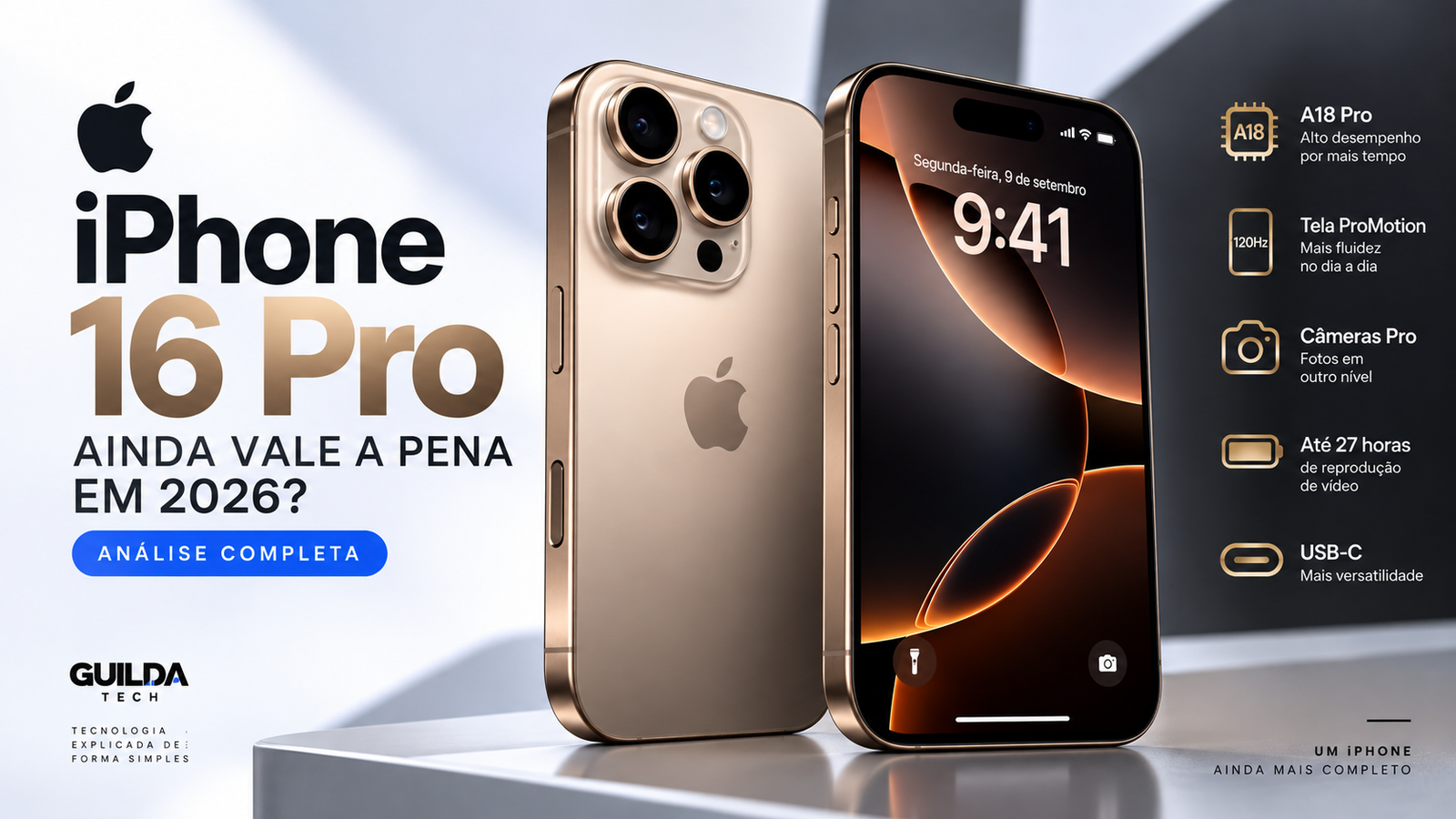 iPhone 16 Pro em 2026 iPhone 16 Pro mostrando a tela e acabamento em titânio