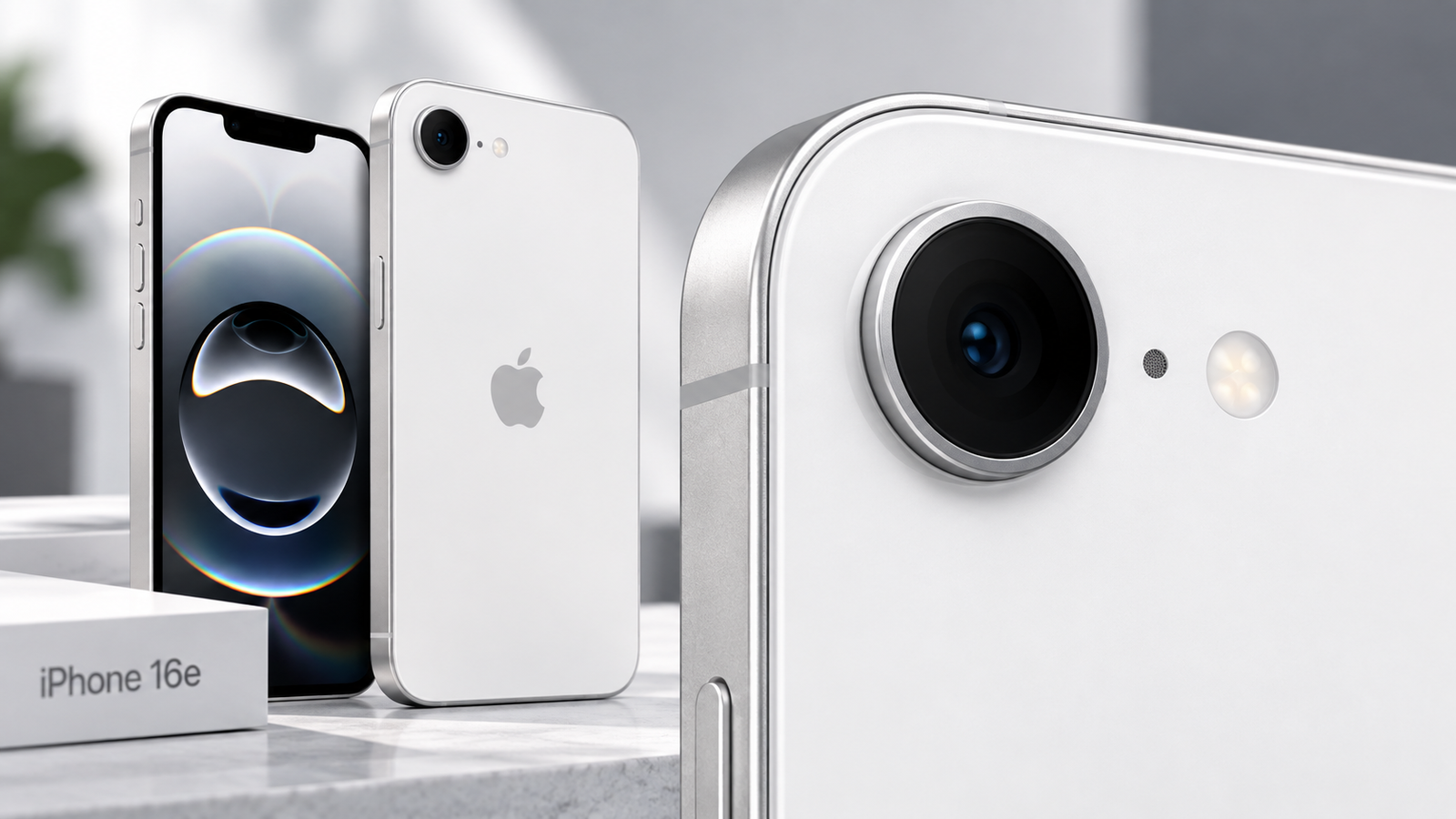 Tela e design do iPhone 16e iPhone 16e branco mostrando a tela OLED e a traseira